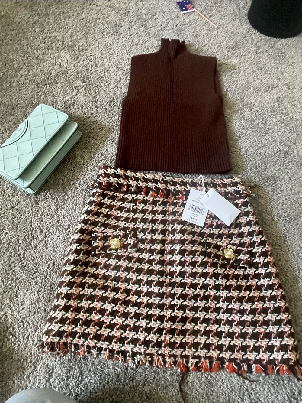 Zara Brown, Cream & Black Houndstooth Tweed Mini Skirt with Gold Buttons